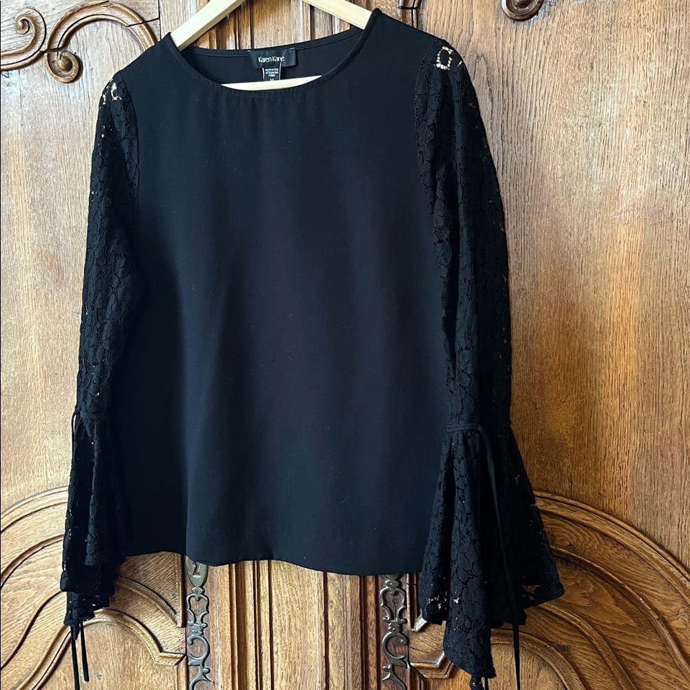 Karen Kane Black Tie Lace Bell Sleeve Crepe Top - Picture 6 of 11